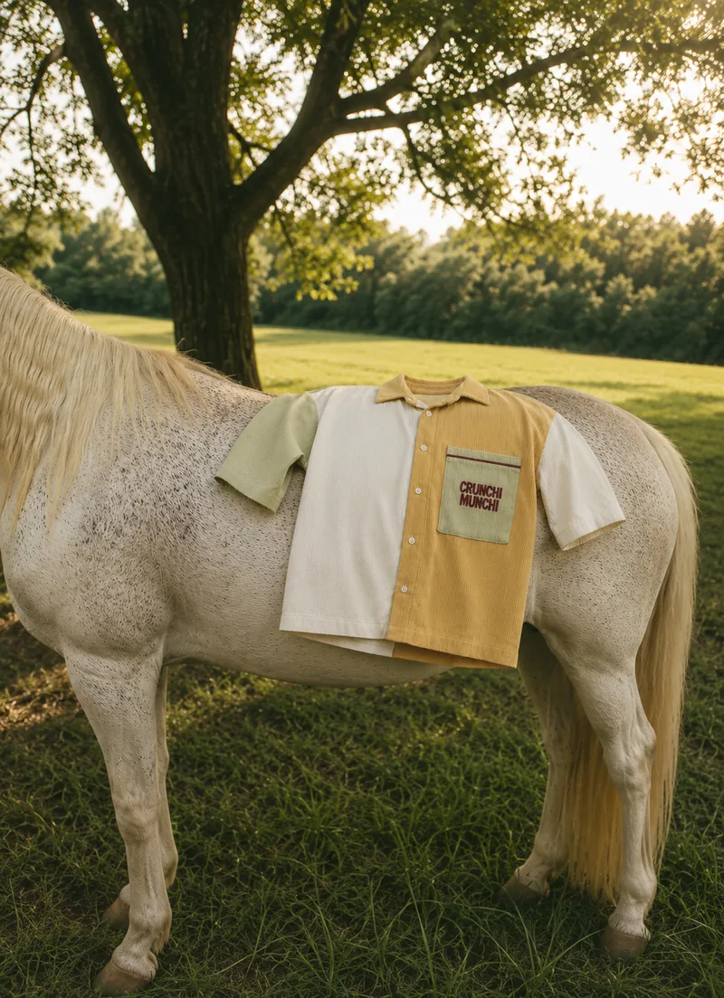 Crunchi Munchi shirt laid on a white horse