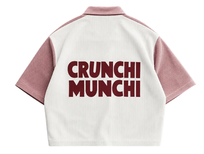 Pink corduroy Crunchi Munchi camp shirt, back print