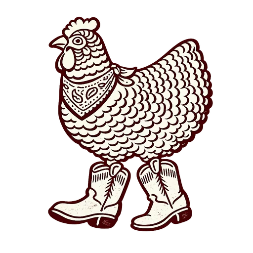 La Gallina — a hen wearing cowboy boots and a bandana